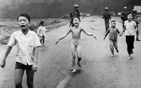 1972, Kim Phuc in a napalm attack in South Vietnam (by Nick Ut). Nick Ut's photograph of five children running in terror from an accidental napalm attack was widely published around the world and crystallized in people's mind's the grim injustices of the Vietnam war. The war was heavily reported on, and historians believe that images, particularly this one, had a huge impact at home, resulting in violent anti-war protests, a world-wide campaign for peace, and even contributed to the end of the war.