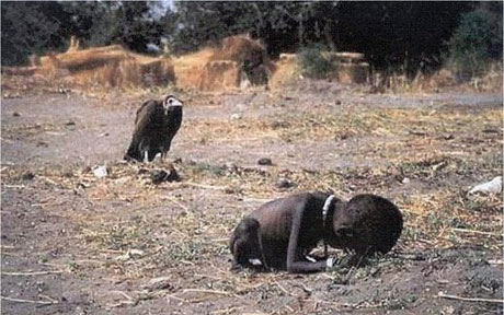 1994, Sudanese child with a vulture (by Kevin Carter). This Pulitzer Prize-winning picture of a vulture waiting to feed on a dying toddler in Sudan summed up the cruelty of the famine in Sudan. It also, famously, highlighted the plight of the photographer; within three months of gaining recognition for this photograph, Kevin Carter committed suicide.