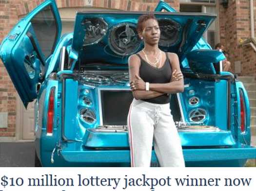 In 2004, Sharon Tirabassi, a single mother who had been on welfare, cashed a check from the Ontario Lottery and Gaming Corp. for $US10,569,00.10 (Canadian).

She subsequently spent her winnings on a 'big house, fancy cars, designer clothes, lavish parties, exotic trips, handouts to family, loans to friends' and in less than a decade she's back riding the bus, working part-time, and living in a rented house.

Luckily Tirabassi put some of her windfall in trusts for her six children, who can claim the money when they turn 26.