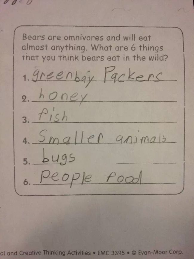 hilarious kids - Bears are omnivores and will eat almost anything. What are 6 things That you think bears eat in the wild? 1. greenbay Packers 2. honey 3. fish 4. Smaller animals 5. bugs 6. People food al and Creative Thinking Activities Emc 3395 EvanMoor