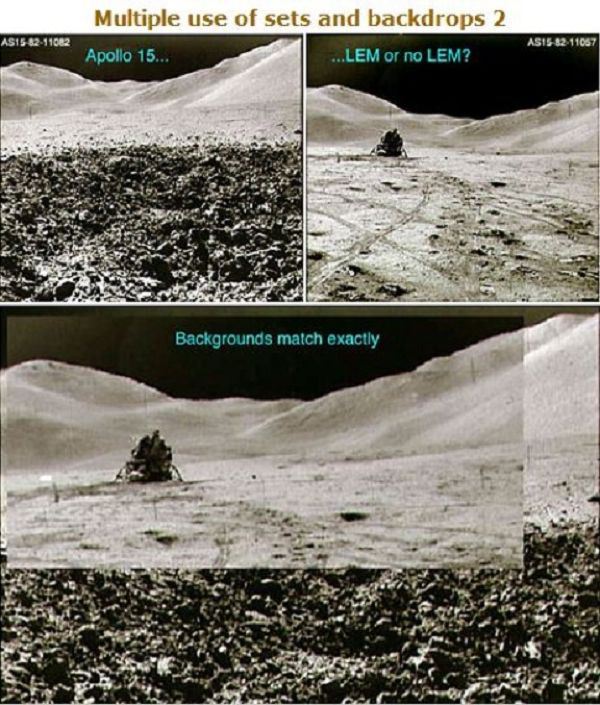 The Duplicate Backdrop


â€¨The two photos from the Apollo 15 mission shown above clearly have identical backdrops, despite being officially listed by NASA as having been taken miles apart. One photo even shows the lunar module. When all photographs were taken the module had already landed, so how can it possibly be there for one photo and disappear in another? Well, if you’re a hardcore conspiracy theorist, it may seem viable that NASA simply used the same backdrop when filming different scenes of their moon landing videos.