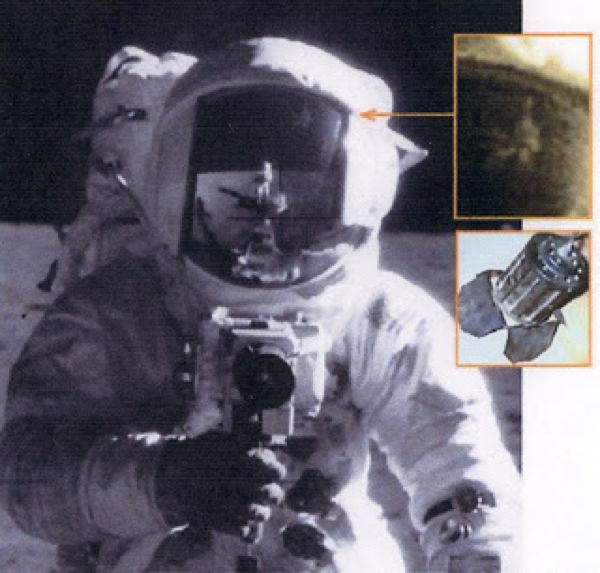 The Unexplained Object

After photographs of the moon landings were released, theorists were quick to notice a mysterious object (shown above) in the reflection of an astronaut’s helmet from the Apollo 12 mission. The object appears to be hanging from a rope or wire and has no reason to be there at all, leading some to suggest it is an overhead spotlight typically found in film studios.
