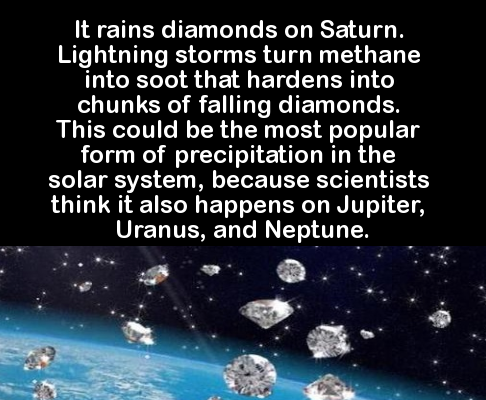 water - 'It rains diamonds on Saturn. Lightning storms turn methane into soot that hardens into chunks of falling diamonds. This could be the most popular form of precipitation in the solar system, because scientists think it also happens on Jupiter, Uran
