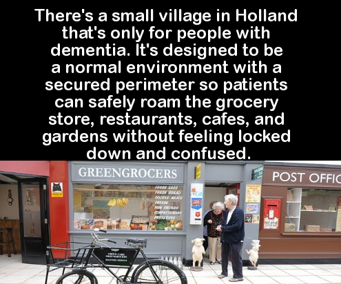 Dementia - There's a small village in Holland that's only for people with dementia. It's designed to be a normal environment with a secured perimeter so patients can safely roam the grocery store, restaurants, cafes, and gardens without feeling locked dow