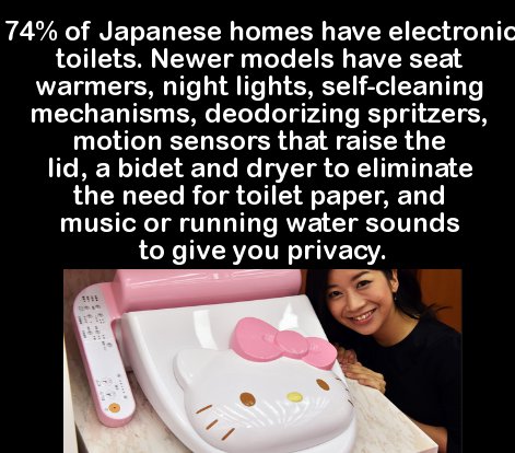 sufjan stevens t shirt - 74% of Japanese homes have electronic toilets. Newer models have seat warmers, night lights, selfcleaning mechanisms, deodorizing spritzers, motion sensors that raise the lid, a bidet and dryer to eliminate the need for toilet pap