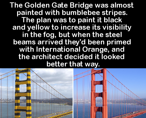 water resources - The Golden Gate Bridge was almost painted with bumblebee stripes. The plan was to paint it black and yellow to increase its visibility in the fog, but when the steel beams arrived they'd been primed with International Orange, and the arc