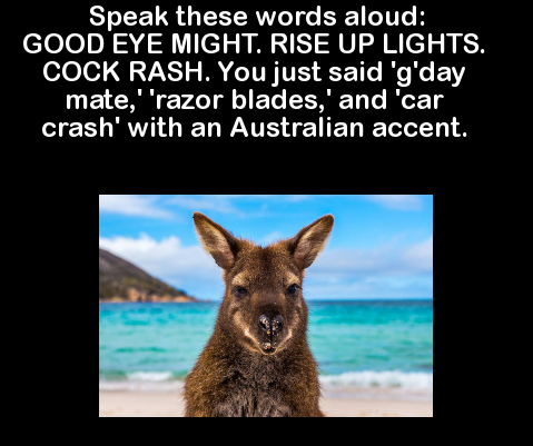 random knowledge facts - Speak these words aloud Good Eye Might. Rise Up Lights. Cock Rash. You just said 'g'day mate,' 'razor blades,' and 'car crash' with an Australian accent.