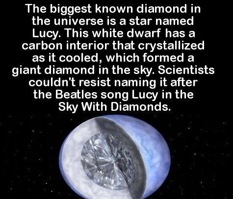 moon - The biggest known diamond in the universe is a star named Lucy. This white dwarf has a carbon interior that crystallized as it cooled, which formed a giant diamond in the sky. Scientists couldn't resist naming it after the Beatles song Lucy in the 