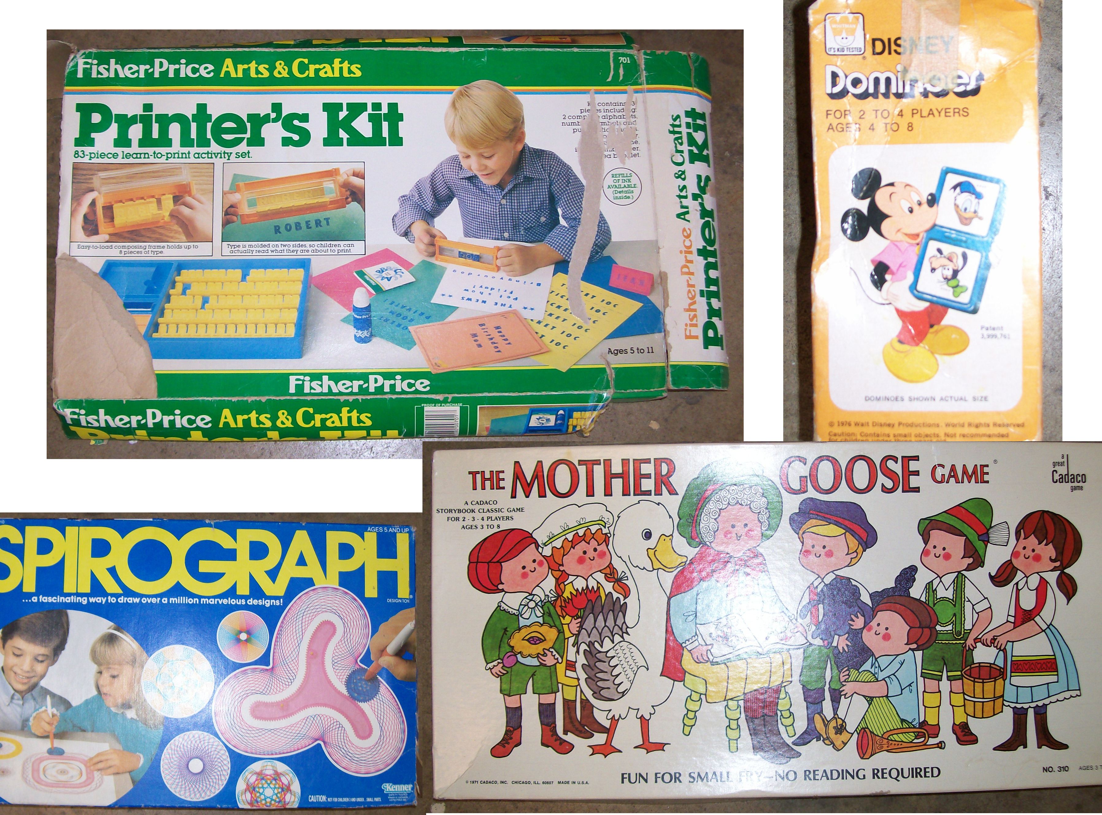toy - Fisher Price Arts & Crafts Dis Domise Printer's Kit Fop 3 Toplayers Aget Toe Fisher Price Arts & Crafts Printer's Kit Fisher Price Fisher Price Arts & Crafts The Mother Goose Game Eile Spirograph ... Fun For Small To Reading Required