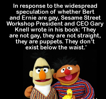 bert and ernie gay - In response to the widespread speculation of whether Bert and Ernie are gay, Sesame Street Workshop President and Ceo Gary Knell wrote in his book 'They are not gay, they are not straight, they are puppets. They don't exist below the 