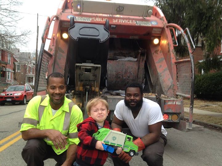 This little boy waited all week to meet the garbage men and show them his truck. He became so emotional he couldn't talk.