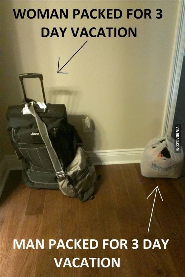 funny vacation quotes - Woman Packed For 3 Day Vacation Jeep Via 9GAG.Com Man Packed For 3 Day Vacation