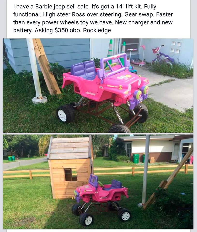 lawn - I have a Barbie jeep sell sale. It's got a 14" lift kit. Fully functional. High steer Ross over steering. Gear swap. Faster than every power wheels toy we have. New charger and new battery. Asking $350 obo. Rockledge