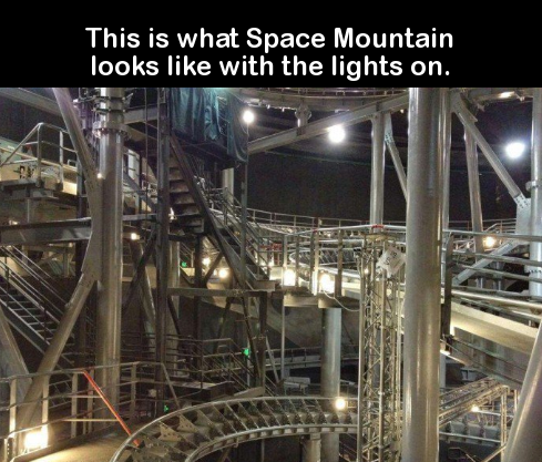 space mountain with lights - This is what Space Mountain looks with the lights on.