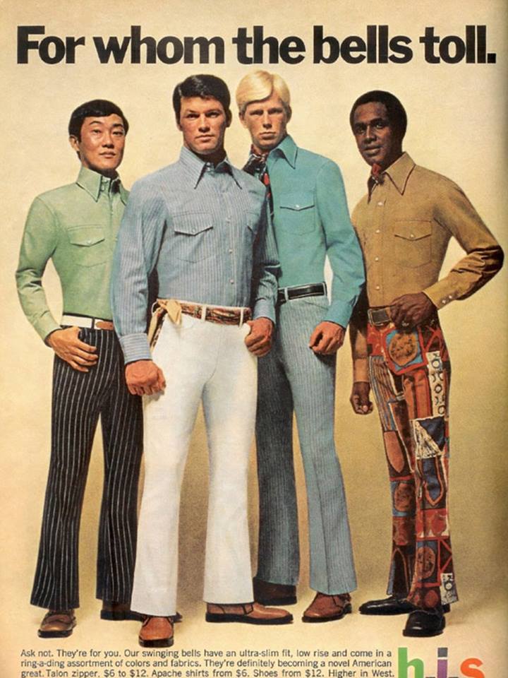 70s nostalgia mens 70s fashion - For whom the bells toll. Ono Ask not. They're for you. Our swinging bells have an ultraslim fit, low rise and come in a ringading assortment of colors and fabrics. They're definitely becoming great. Talon zipper. $6 to $12