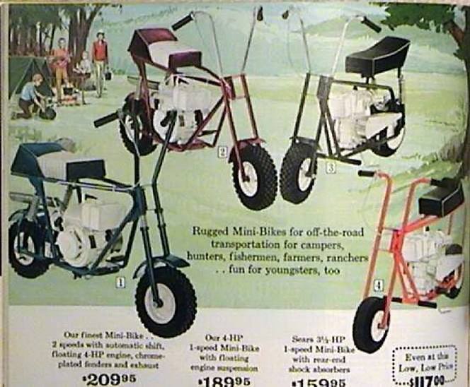 70s nostalgia sears mini bike 1970 - Rugged MiniBikes for offtheroad transportation for campers, hunters, fishermen, farmers, ranchers ..fun for youngsters, too Our Finest MiniBike. 2 nds with automatic shift. floating Hp engine chrome plated fenders and 