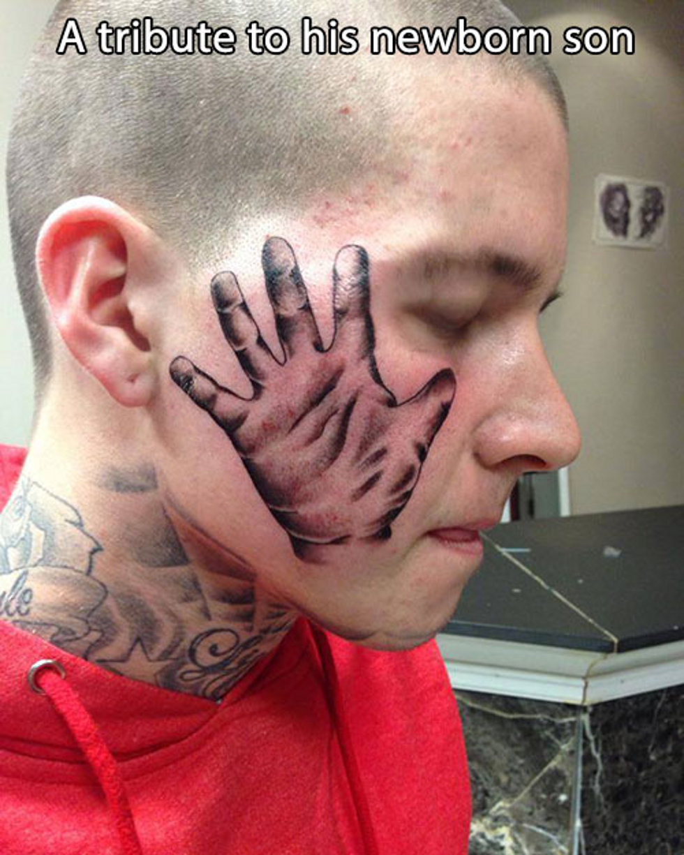 Don't be creepy! This may make sense on a mother's stomach, but why would your child's hand be on your face? Did he slap you? And this is a really awful hand