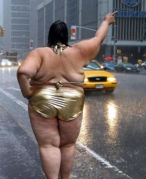funny picture of large woman trying to flag a cab in the rain