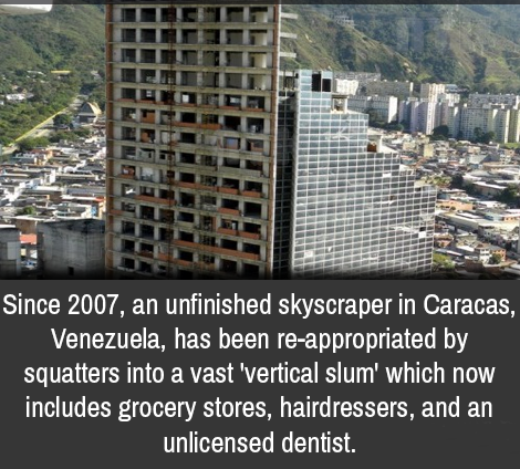 tower of david slum - Since 2007, an unfinished skyscraper in Caracas, Venezuela, has been reappropriated by squatters into a vast 'vertical slum' which now includes grocery stores, hairdressers, and an unlicensed dentist.