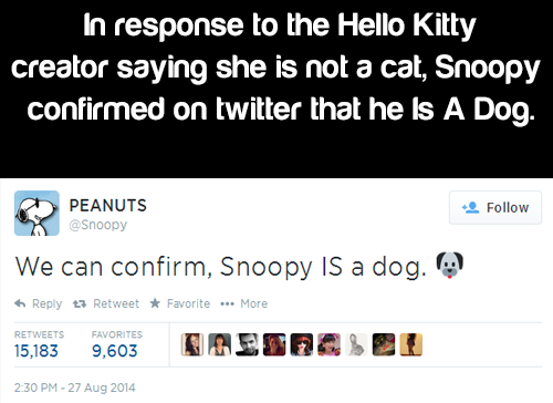 adidas is all - In response to the Hello Kitty creator saying she is not a cat, Snoopy confirmed on twitter that he is A Dog. Peanuts We can confirm, Snoopy Is a dog. t7 Retweet Favorite ... More Favorites 15,183 9,603 Caesoqol