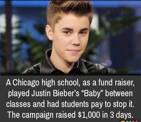 justin bieber as a kid - A Chicago high school, as a fund raiser, played Justin Bieber's Baby between classes and had students pay to stop it. The campaign raised $1,000 in 3 days.