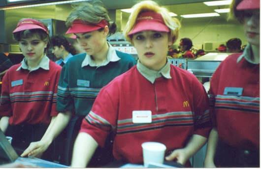 The McDonald's uniforms of the 80s- those striped shirts and visors XD Catchin serious rays in the McD's