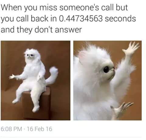 you miss someone's call meme - When you miss someone's call but you call back in 0.44734563 seconds and they don't answer 16 Feb 16.