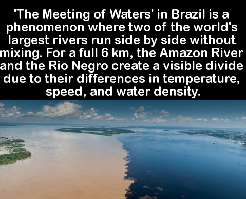water resources - "The Meeting of Waters' in Brazil is a phenomenon where two of the world's largest rivers run side by side without mixing. For a full 6 km, the Amazon River and the Rio Negro create a visible divide due to their differences in temperatur