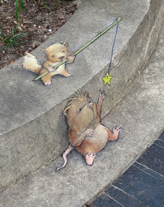 cute drawings of furry animals playing by the curb.