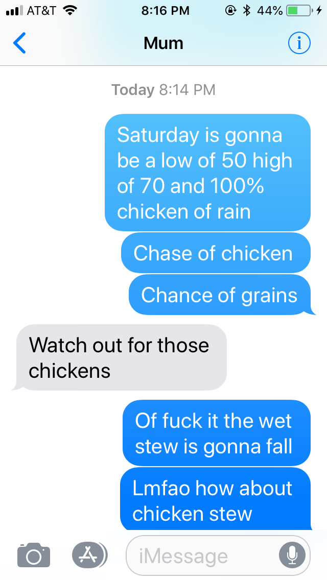 web page - Il At&T z @ 44% 0 4 Mum Today Saturday is gonna be a low of 50 high of 70 and 100% chicken of rain Chase of chicken Chance of grains Watch out for those chickens Of fuck it the wet stew is gonna fall Lmfao how about chicken stew iMessage