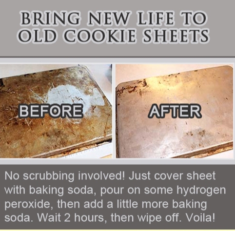 saints tickets - Bring New Life To Old Cookie Sheets Before After No scrubbing involved! Just cover sheet with baking soda, pour on some hydrogen peroxide, then add a little more baking soda. Wait 2 hours, then wipe off. Voila!