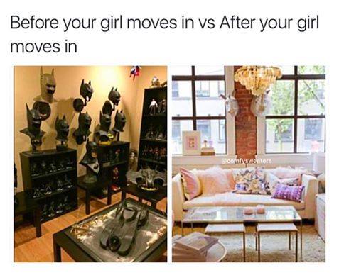 relationship meme of living room Before your girl moves in vs After your girl moves in Gecomfyswentors