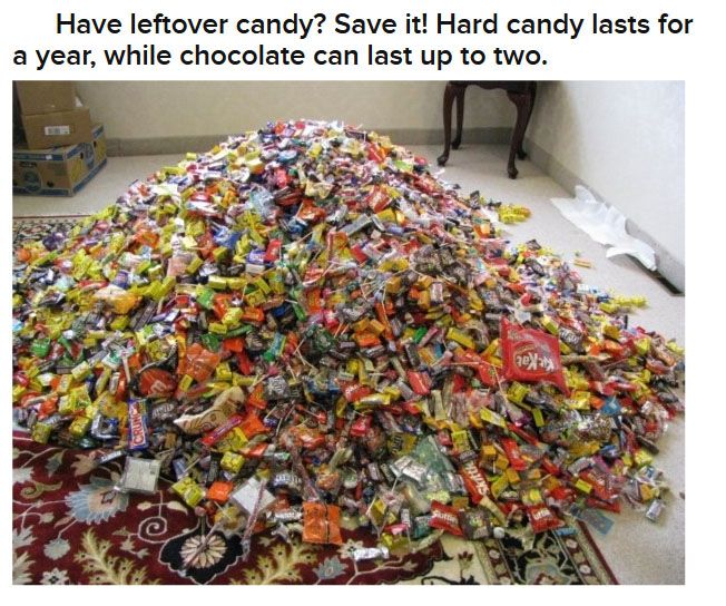 10 facts about halloween - Have leftover candy? Save it! Hard candy lasts for a year, while chocolate can last up to two. zey
