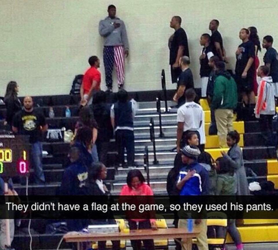 they didn t have a flag so they used his pants - They didn't have a flag at the game, so they used his pants.