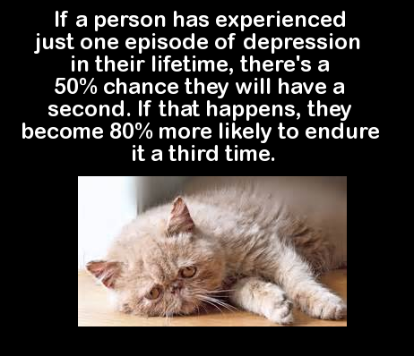 Salary - If a person has experienced just one episode of depression in their lifetime, there's a 50% chance they will have a second. If that happens, they become 80% more ly to endure it a third time.