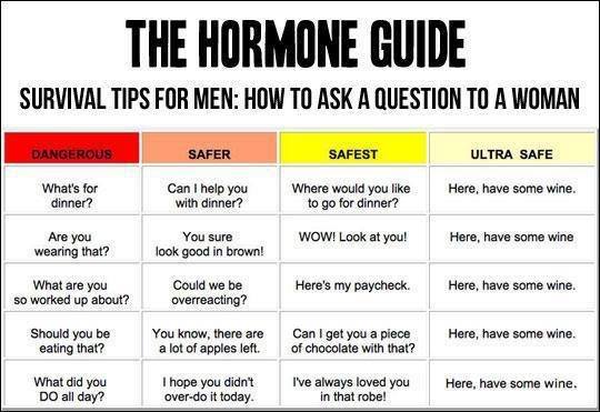 memes-  hormone meme - The Hormone Guide Survival Tips For Men How To Ask A Question To A Woman Dangerous Safer Safest Ultra Safe What's for dinner? Can I help you with dinner? Here, have some wine. Where would you to go for dinner? Are you wearing that? 