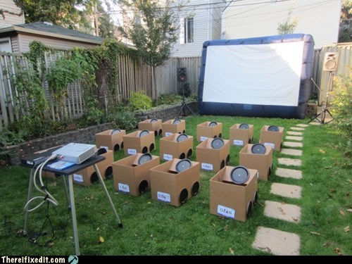 A backyard movie theater (and they sell popcorn carts too).