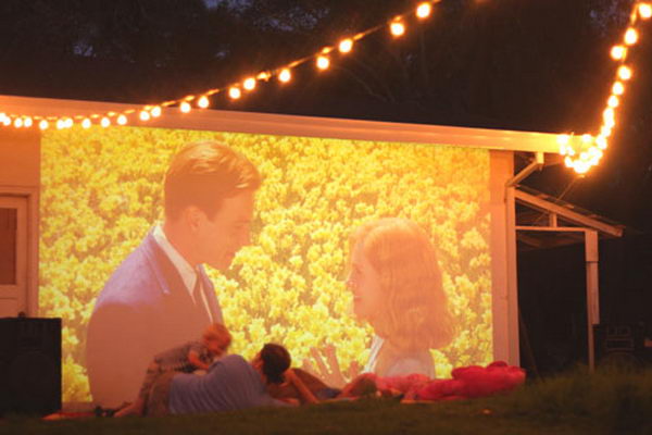 A mini projector averages about $40, the solar string lights about about another $40