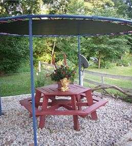 Another use for that old trampoline. Use a large canvas cover on top and tie it at the sides. Add some solar string lights and you'll have a romantic little canopy hideaway.