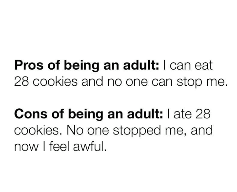 Translation - Pros of being an adult I can eat 28 cookies and no one can stop me. Cons of being an adult I ate 28 cookies. No one stopped me, and now I feel awful.
