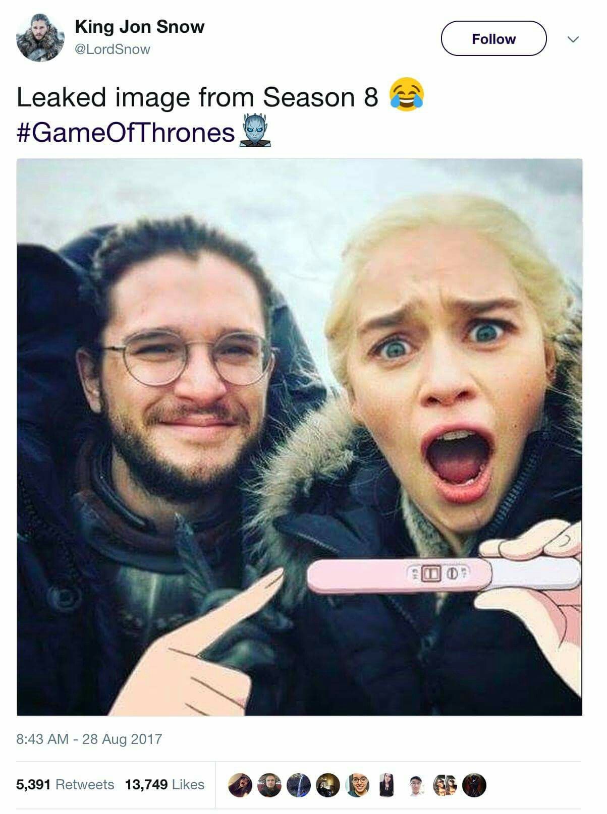 Funny Game of Thrones Season 8 premiere meme of John Snow and Denarius being pregnant with the text 'leaked image from Season 8'