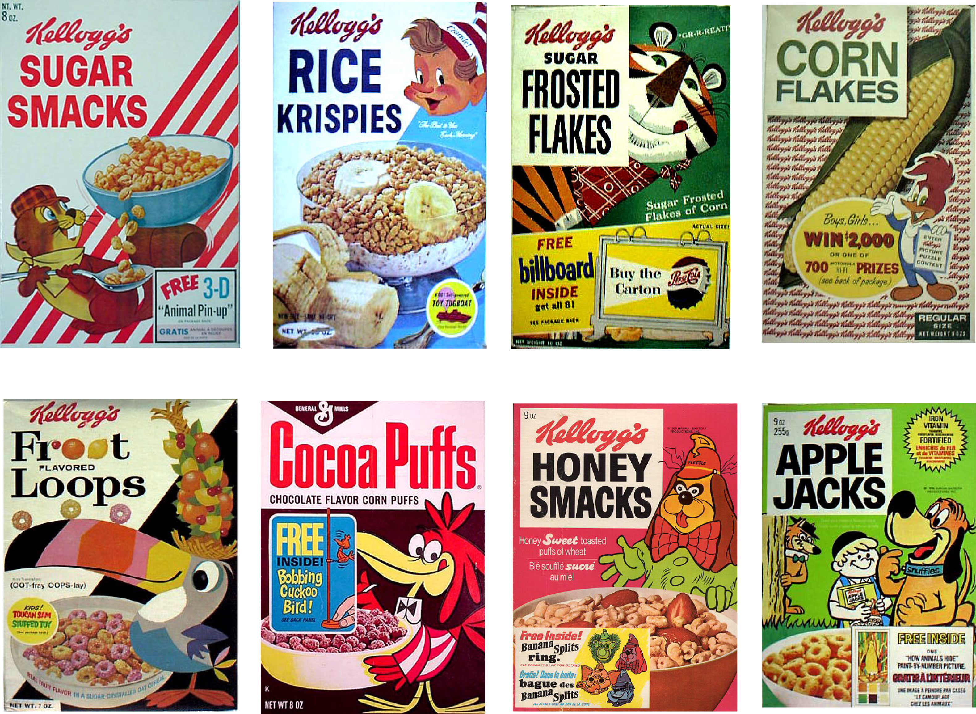 child food packaging - Kellogg's eg Sugar Kellogg's Sugar Smacks Kellogg's Rice Krispies Kellogg's Corn Flakes A Frosted Flakes Sugar Frosted Free Bys. ... Win 2,000 12 700 Prizes Free 3D billboard Buy the Inside Carton "Animal Pinup tidigare Kellogg' Fro
