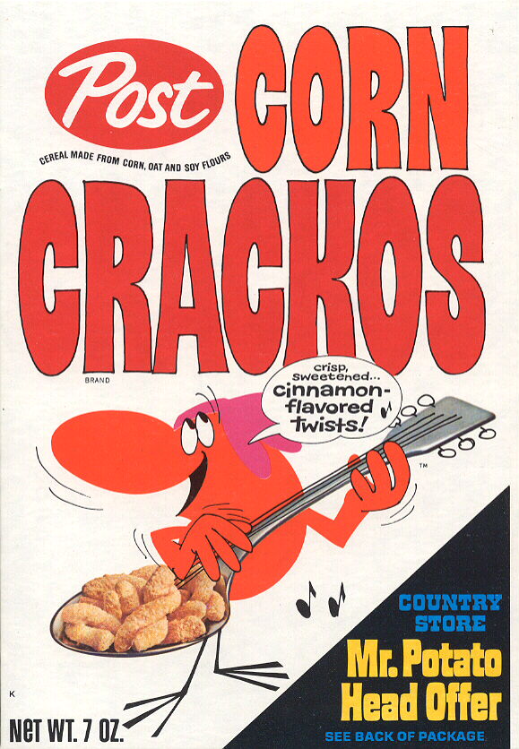 corn crackos cereal - Post Corn Sereal Made From Corn. Oat And Soy Flo Soy Flours Craakos Brand crisp, Sweetened... cinnamon flavored twists! 4 Doo Country Store Mr. Potato Head Offer Net Wt.70275 See Back Of Package