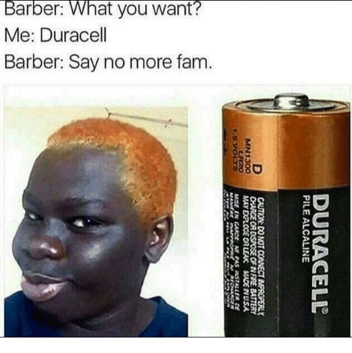 pila duracell meme - Barber What you want? Me Duracell Barber Say no more fam. LR2 MN1300 D May Dploce Or Leak Madenusa Curso Not Connect Properly Pile Alcaline Duracell