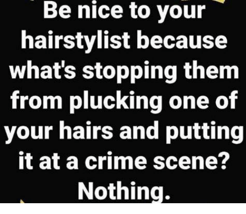 nice to your hairstylist - Be nice to your hairstylist because what's stopping them from plucking one of your hairs and putting it at a crime scene? Nothing.
