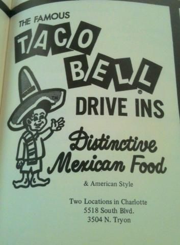 poster - The Famous Taco Bele Drive Ins por Distinctive Merican Food & American Style Two Locations in Charlotte 5518 South Blvd. 3504 N. Tryon