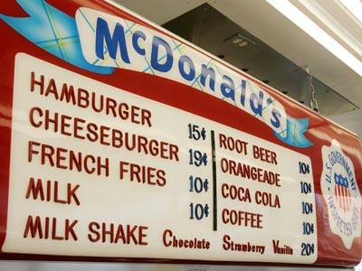 mcdonalds menu 1948 - McDonald's Hamburger 154 Root Beer Cheeseburger 19 Orangeade French Fries 104 Coca Cola 10 Coffee Milk Milk Shake Chocolate Struberry Vanina 20