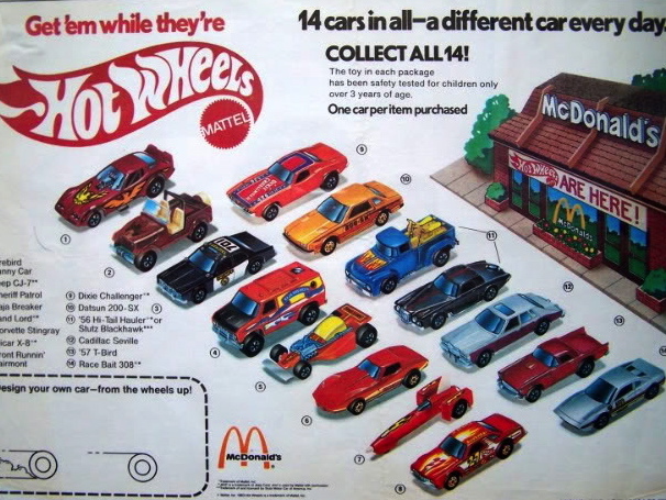 mcdonalds hot wheels 1983 - Get 'em while they're 14 cars in alla different carevery day. Collect All 14! The toy in each package has been safety tested for children only over 3 years of age. One carperitem purchased McDonald's Mattel Vio Are Here! Febird