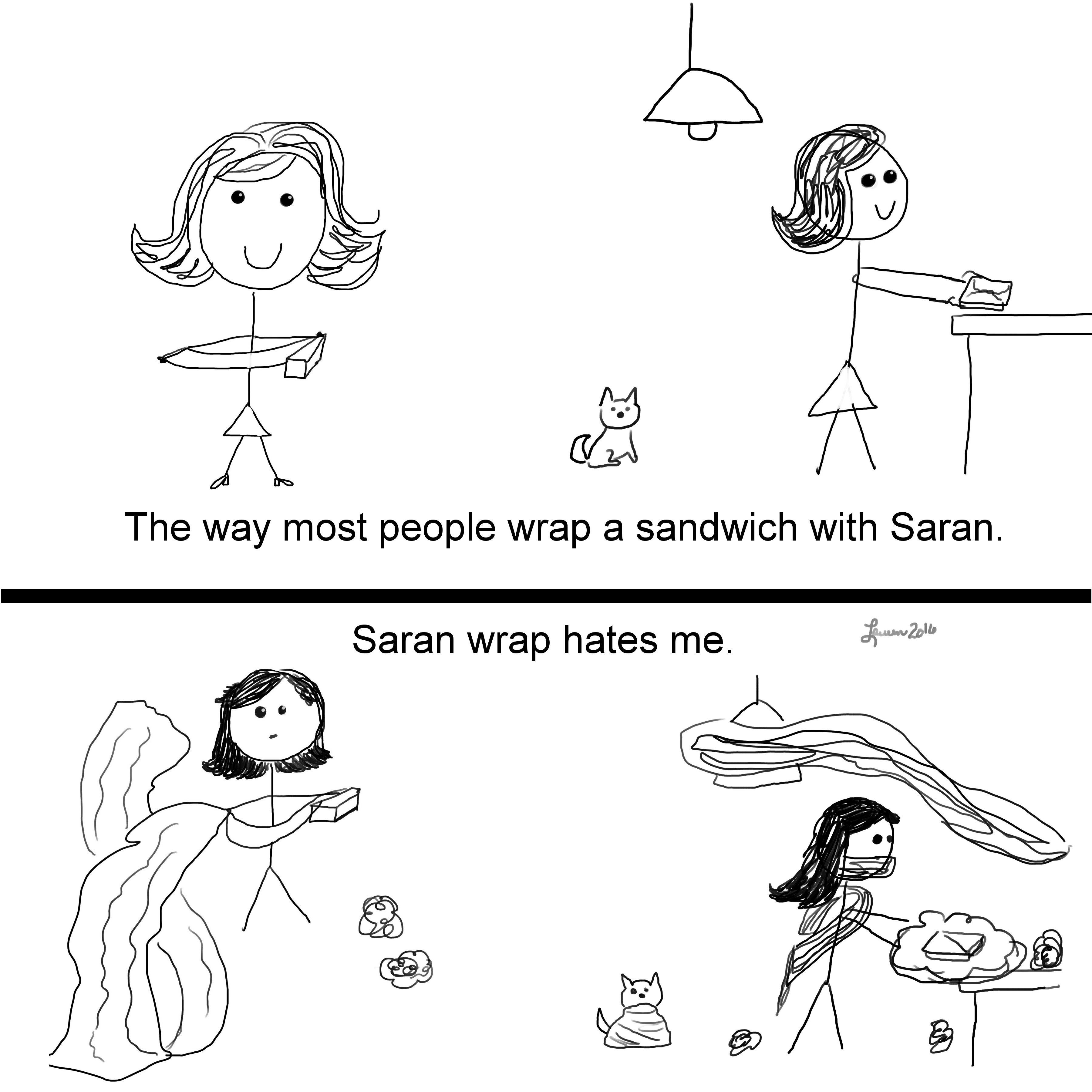line art - The way most people wrap a sandwich with Saran. 2 Saran wrap hates me