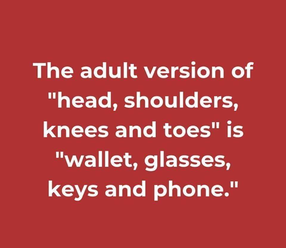 adult version of head shoulders knees and toes - The adult version of "head, shoulders, knees and toes" is "wallet, glasses, keys and phone."
